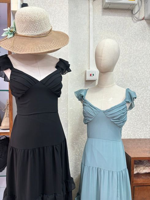 Summer Solid Color Deep V-Neck Layer Flounce Dresses